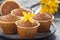 Â  Orange muffins closeup with yellow crocus flower